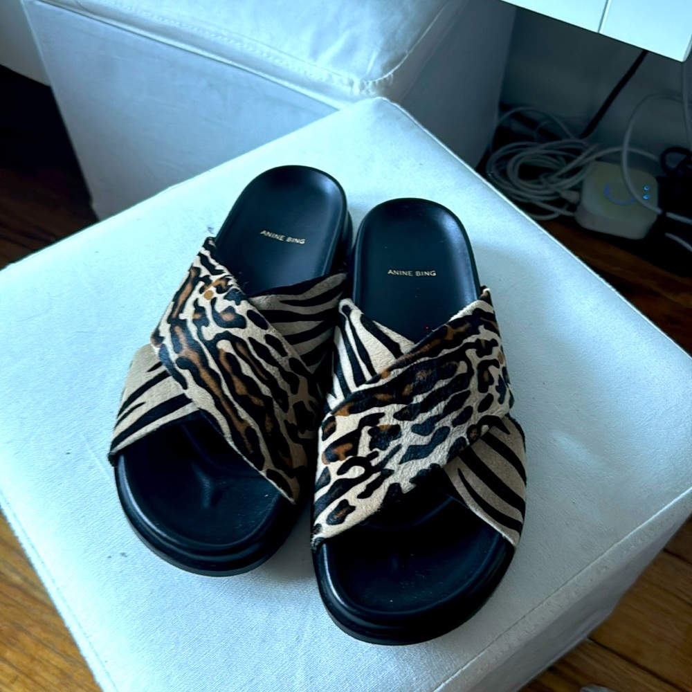 Anine Bing Lizzie Animal Print Fur Slides